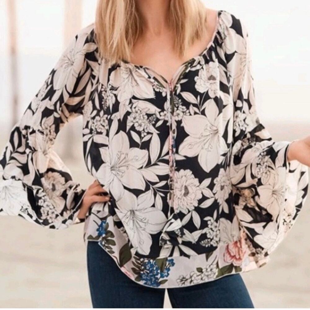 Johnny Was Jade Eva Silk Floral Tiered Flare Sleeve Top Women's XS Lightweight
